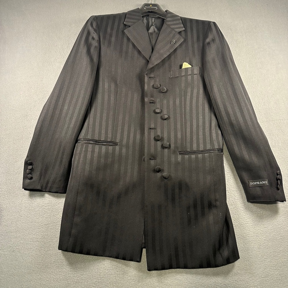 Soprano Mens 38R Suit Black Shadow Stripe Asymmetric Button Longline Blazer 32W